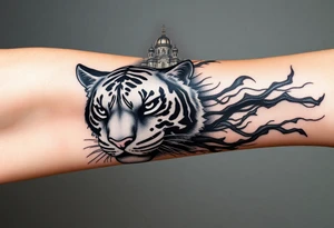 in a dorsal view of the hand and forearm a tiger face on the hand with black hollowed eyes, then above this a orthodox church shrouded with a mist and fading into a virgin mary overlooking tattoo idea