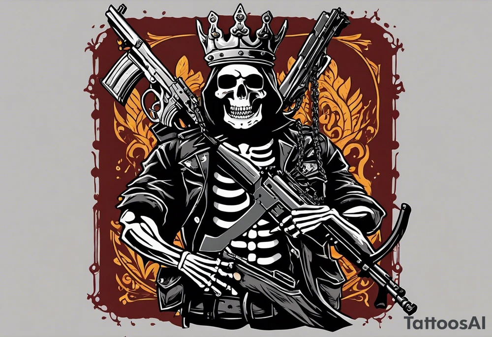 image of a skeleton standing frontally with a crown on his head, holding an AK-47 on his shoulder with his right hand. The chain on the left should be taut, there are three angry barking Dobermans in it, near the waist tattoo idea