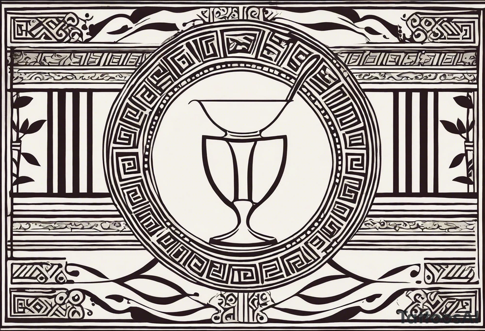 "Craft a minimalist tattoo design in the style of ancient Greek art, featuring Dionysus with his affection for theater. Depict Dionysus in a simplified yet elegant form, reminiscent of classical Greek sculpture, holding a theatrical mask and a goblet of wine. Surround him with subtle geometric patterns or motifs inspired by ancient Greek pottery, such as meanders or key patterns. Ensure the design maintains a minimalist aesthetic while incorporating elements that evoke the sophistication and timelessness of Greek art, capturing Dionysus's connection to both wine and theater in a visually striking manner." tattoo idea