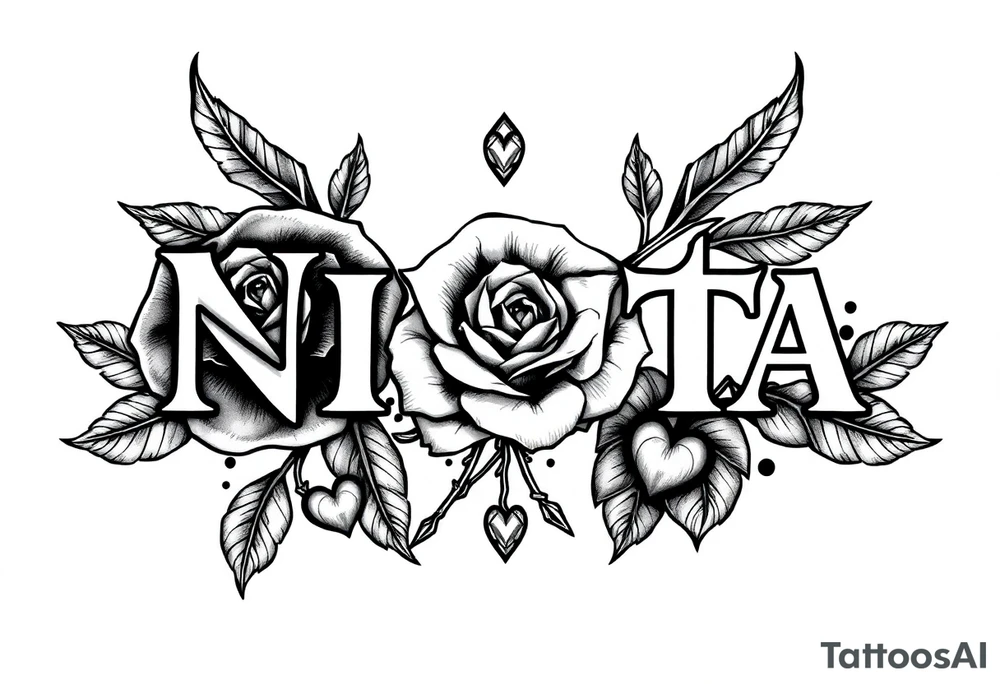 the name NIKITA WITH A ROSE AND SOME HEARTS tattoo idea
