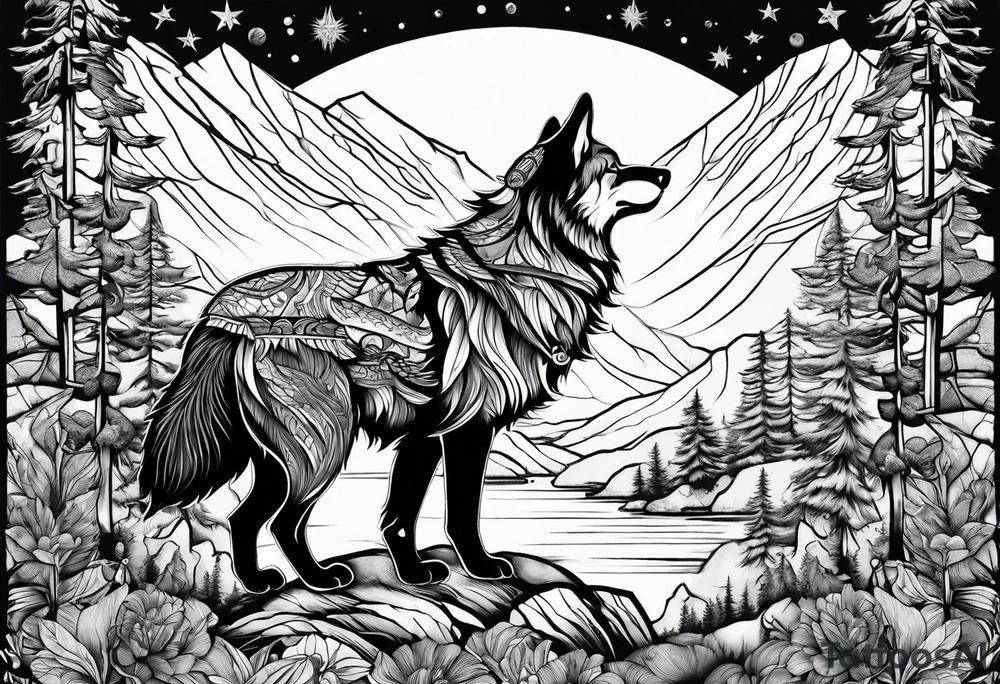 Mountains, wolf, Aquarius tattoo idea