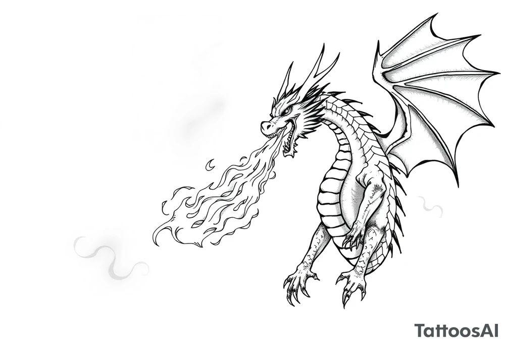 fierce dragon breathing iridescent fire against stormy skies tattoo idea