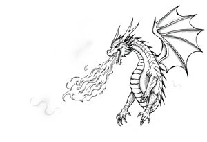 fierce dragon breathing iridescent fire against stormy skies tattoo idea