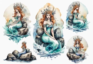 a sea goddess sitting on rocks by the ocean tattoo idea