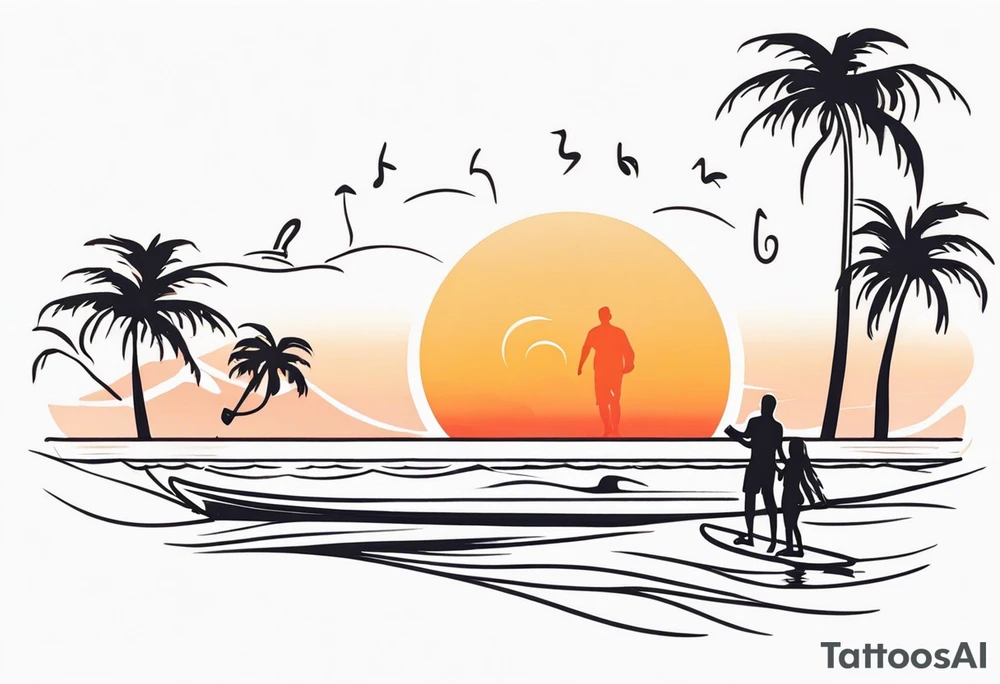Single line tattoo depicting a father surfing with his two daughters. The daughters are sharing a surfboard with the father.  There is a sunset in the distance, with musical notes. tattoo idea