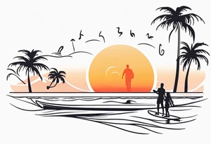 Single line tattoo depicting a father surfing with his two daughters. The daughters are sharing a surfboard with the father.  There is a sunset in the distance, with musical notes. tattoo idea