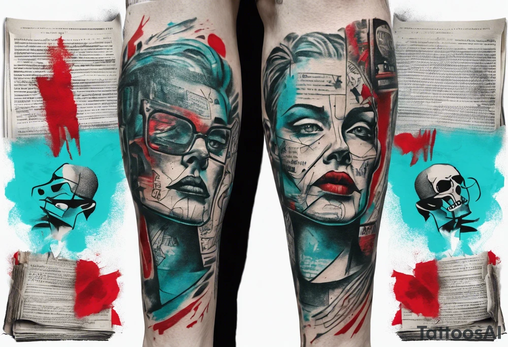 an art showing a newspaper on the leg and shoulder, old ritual, in the style of abstract portraits, textured pigment planes, red and cyan, stencil art, gothic romanticism, full white background <https://s.mj.run/gUiE1vI_8x0> tattoo idea