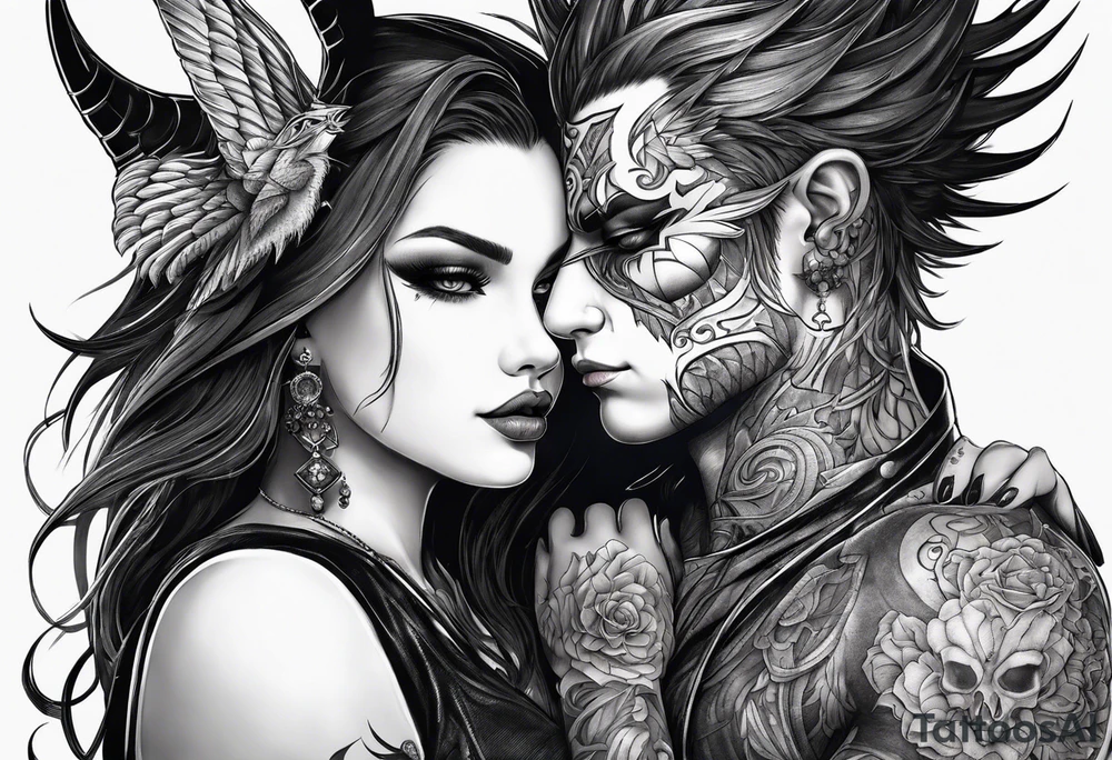 Demon embracing a girl with a power reader over 9000 tattoo idea