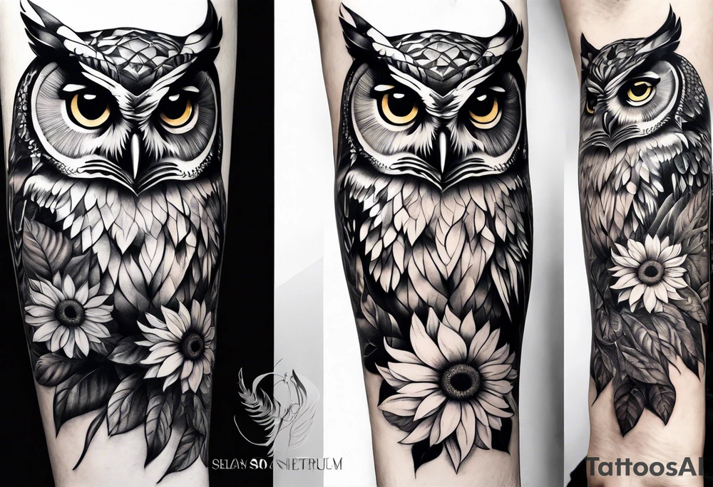 Arm sleeve with owl and sunflower tattoo idea