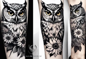 Arm sleeve with owl and sunflower tattoo idea