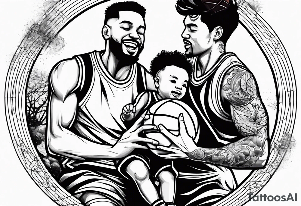 Dad playing basketball with 2 kids tattoo idea