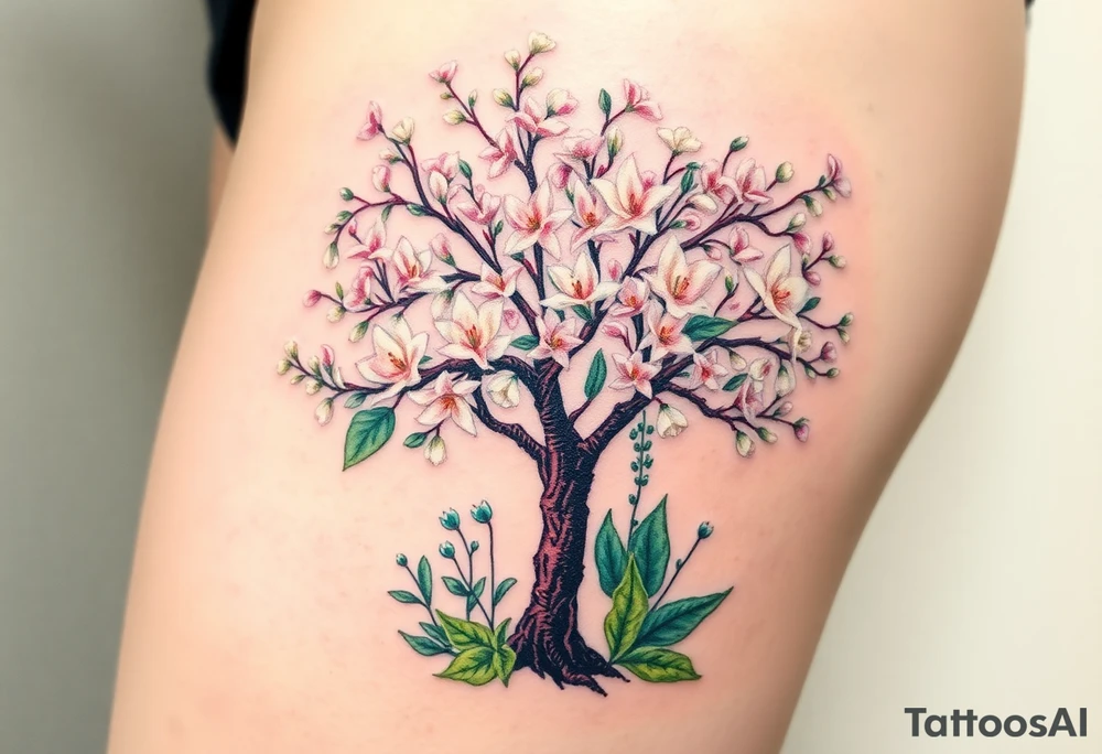 Flowering hawthorne tree with white lilly of the vally bell plants planted by  tree with other lilly plants tattoo idea