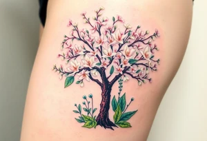 Flowering hawthorne tree with white lilly of the vally bell plants planted by  tree with other lilly plants tattoo idea