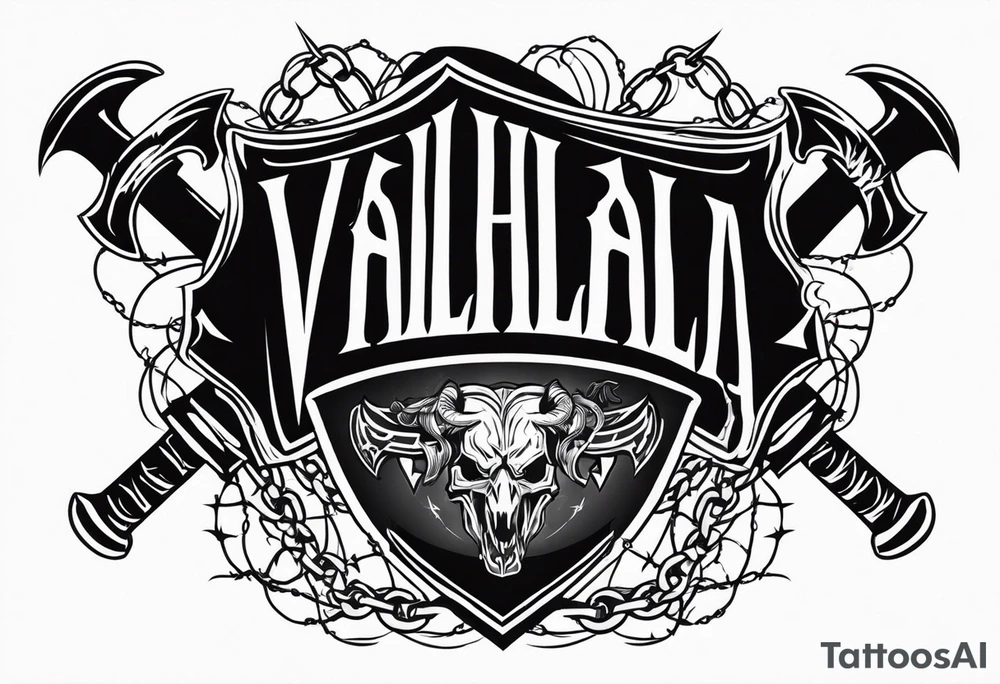 Valhalla sword shield axe barbed wire chains dark cloud tattoo idea