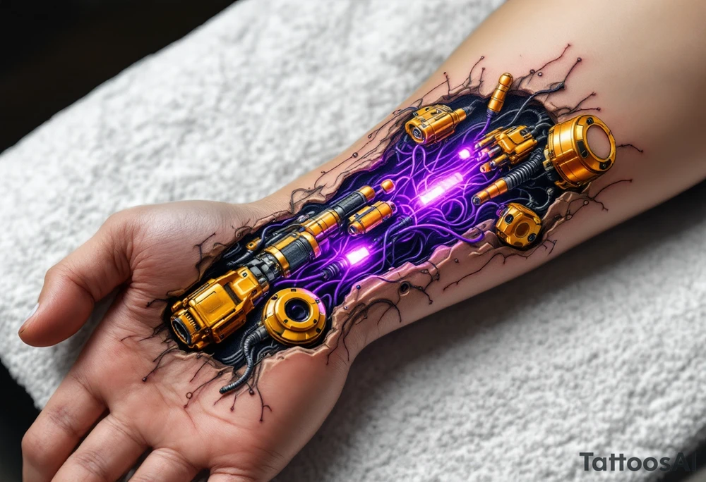 A tattoo of a partially opened human forearm revealing glowing golden servos and deep purple wiring inside. tattoo idea