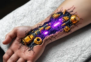 A tattoo of a partially opened human forearm revealing glowing golden servos and deep purple wiring inside. tattoo idea