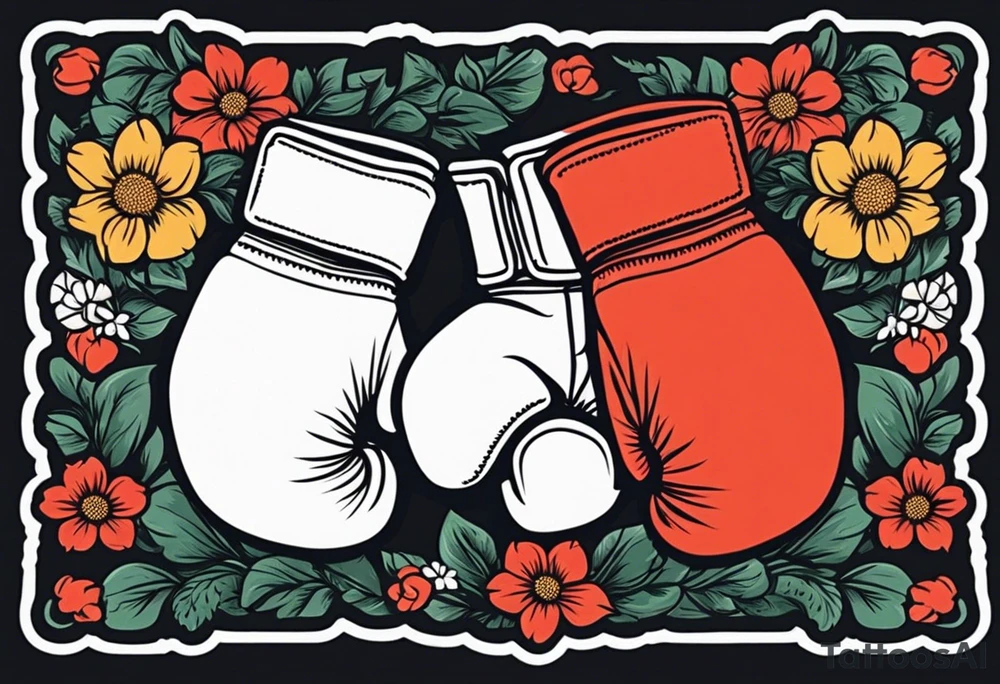 boxing gloves and flowers around the gloves  bold colors traditional old school vintage
banner tattoo idea
