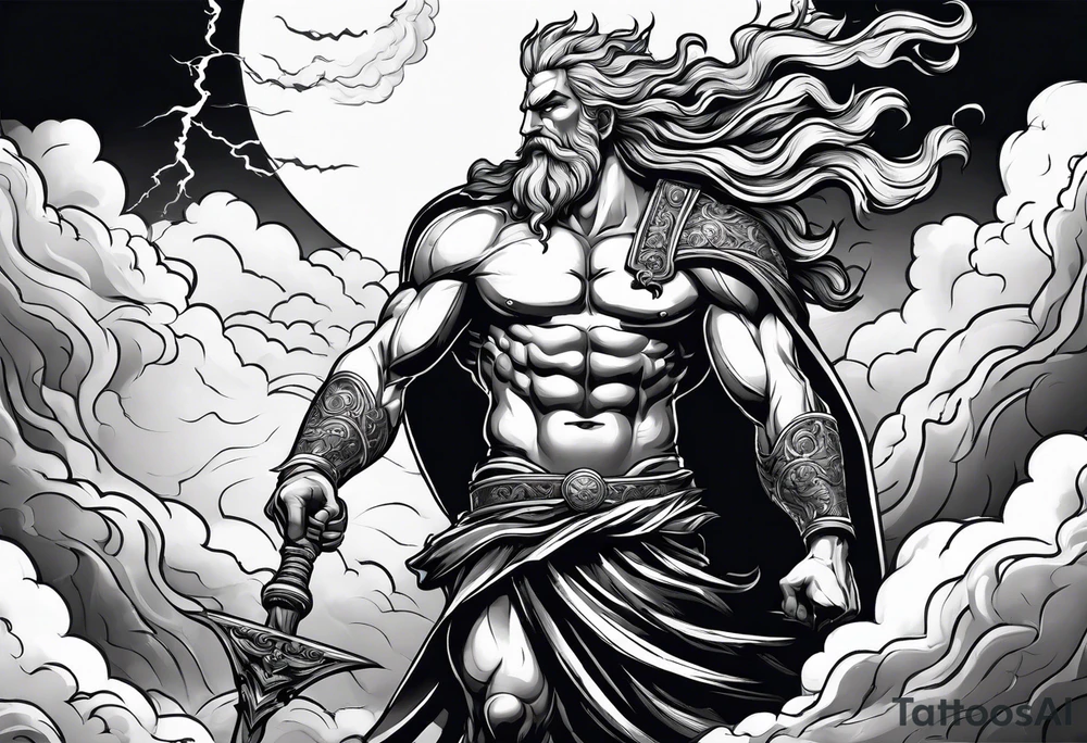 Zeus with a lightning bolt on clouds and hades in hell below tattoo idea