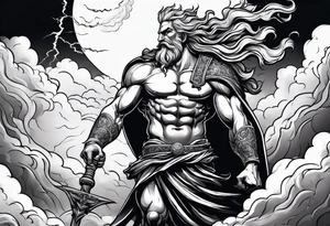 Zeus with a lightning bolt on clouds and hades in hell below tattoo idea