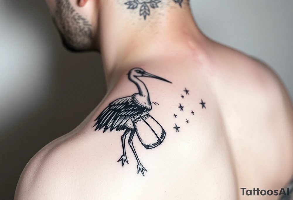 Stork carry bundle towards moon, stars tattoo idea