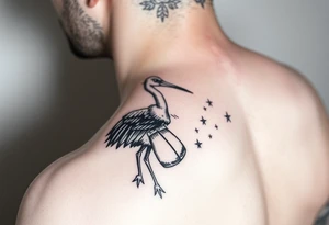 Stork carry bundle towards moon, stars tattoo idea