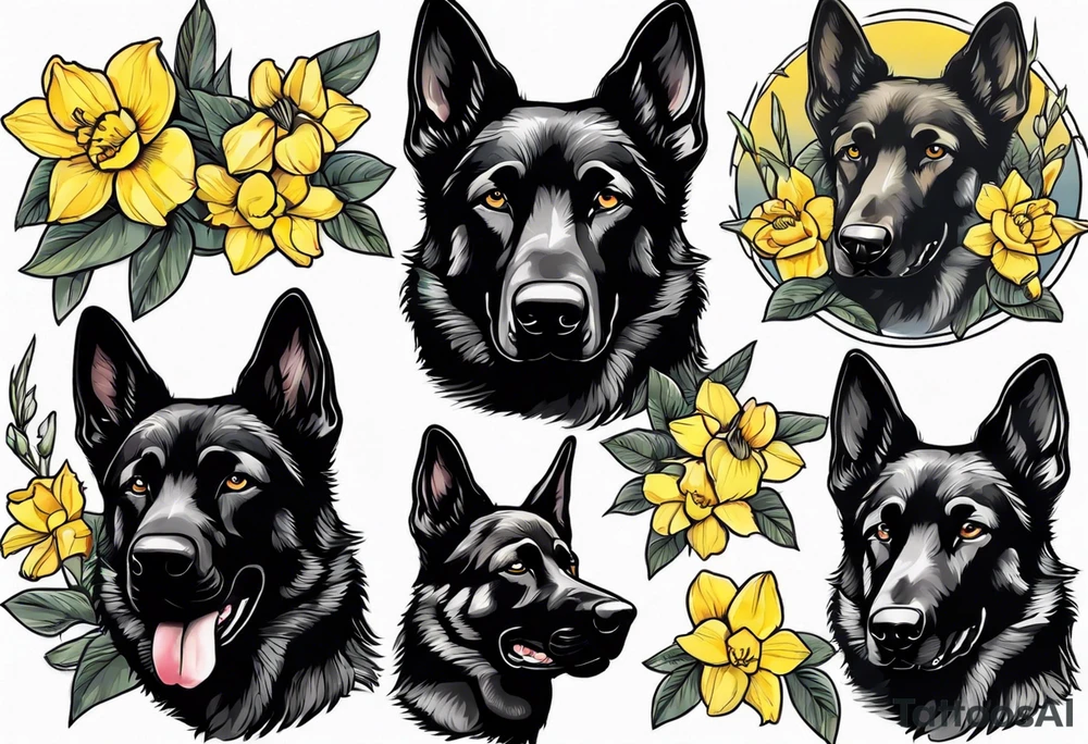 Black German shepherd portrait brightly colored with daffodils tattoo idea