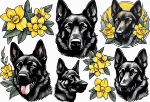 Black German shepherd portrait brightly colored with daffodils tattoo idea