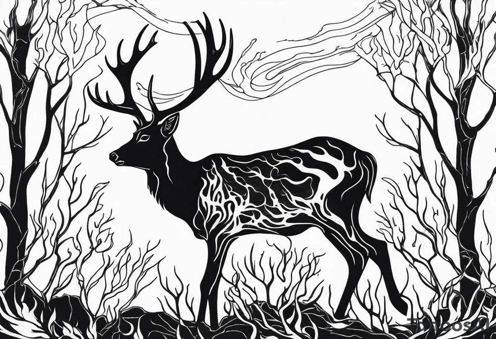 side profile of a rotting deer skeleton JUST BONE surrounded by a flames and trees tattoo idea