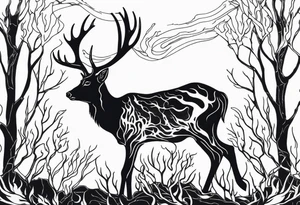 side profile of a rotting deer skeleton JUST BONE surrounded by a flames and trees tattoo idea