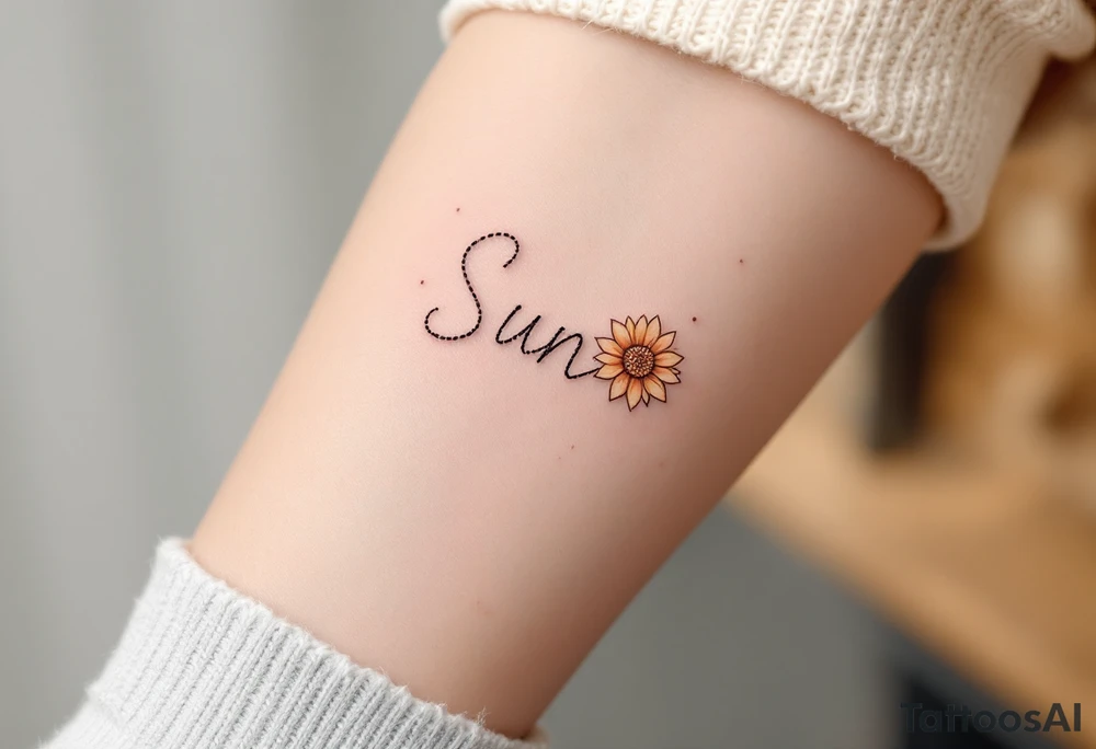 Word "Sun" written vertical with small sunflower in pink tattoo idea