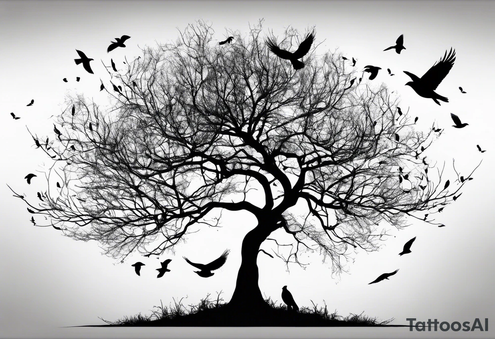 Leafless tree with a mix of birds and black birds flying by it. Make it skinnier with no leaves and just branches tattoo idea