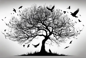 Leafless tree with a mix of birds and black birds flying by it. Make it skinnier with no leaves and just branches tattoo idea