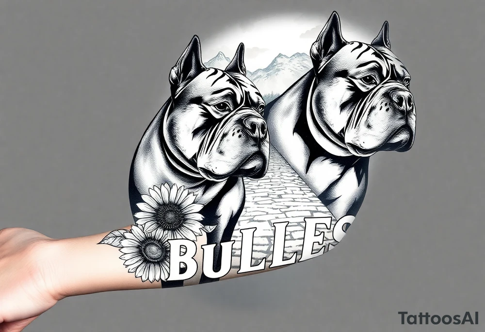 A few muscular thick American bullies
And in the background and as filler incorporate sunflowers, an old road made from pavers the words Mountain State Bullies tattoo idea
