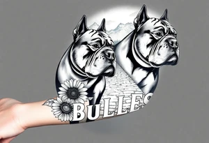 A few muscular thick American bullies
And in the background and as filler incorporate sunflowers, an old road made from pavers the words Mountain State Bullies tattoo idea