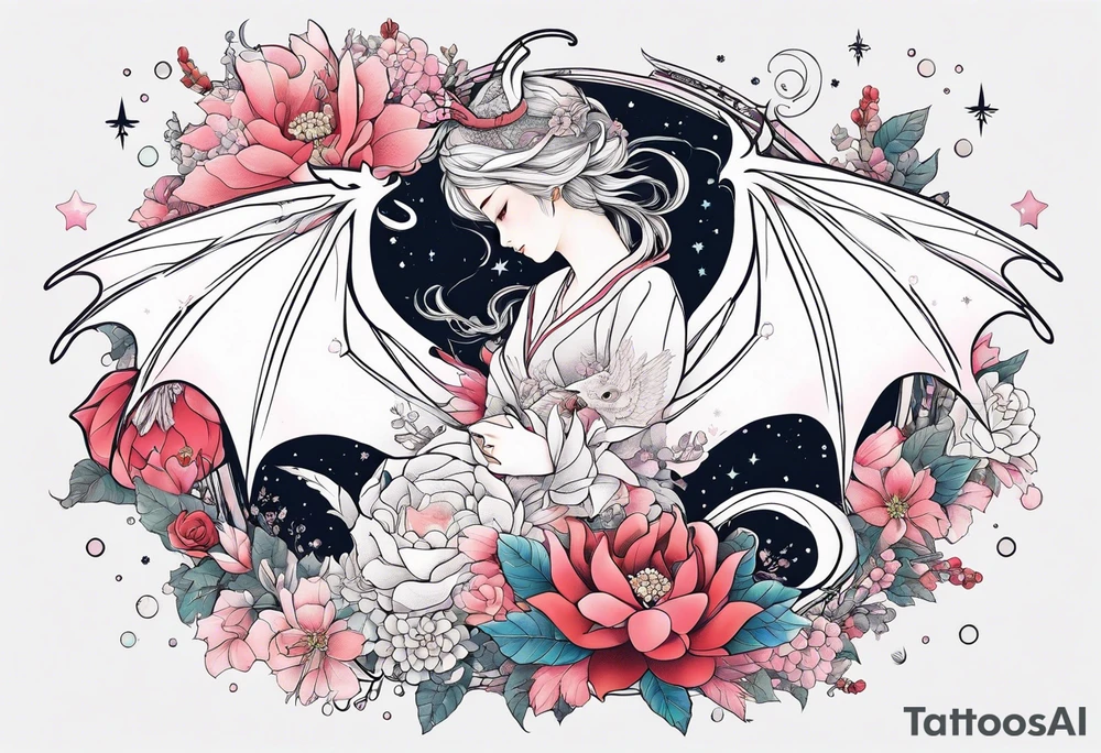 Constellation, wing , snow , cross , dragon female japan kawaii , flower tattoo idea