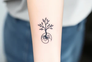 A tree with few leaves, with an outward  spiral as its roots, encircling the tree tattoo idea