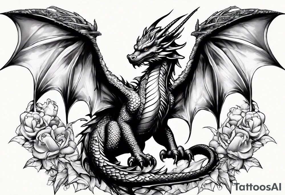 Mother dragon wings spread protecting her three young dragon babies tattoo idea