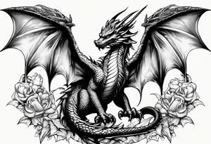 Mother dragon wings spread protecting her three young dragon babies tattoo idea
