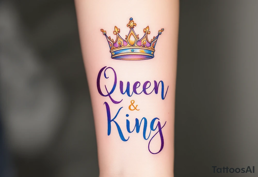 A golden crown floating above the word "Queen" in deep purple script and "King" in royal blue. tattoo idea