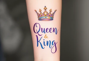 A golden crown floating above the word "Queen" in deep purple script and "King" in royal blue. tattoo idea