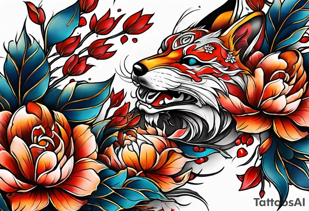 Neotraditional tattoo sleeve with a destroyed mask with flowers and kitsune coming out of it tattoo idea