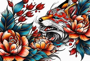 Neotraditional tattoo sleeve with a destroyed mask with flowers and kitsune coming out of it tattoo idea