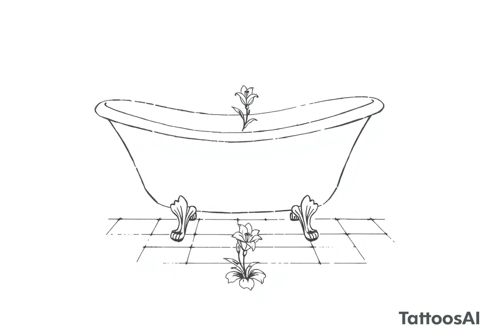 Clawfoot bathtub with lily coming up from tile floor tattoo idea