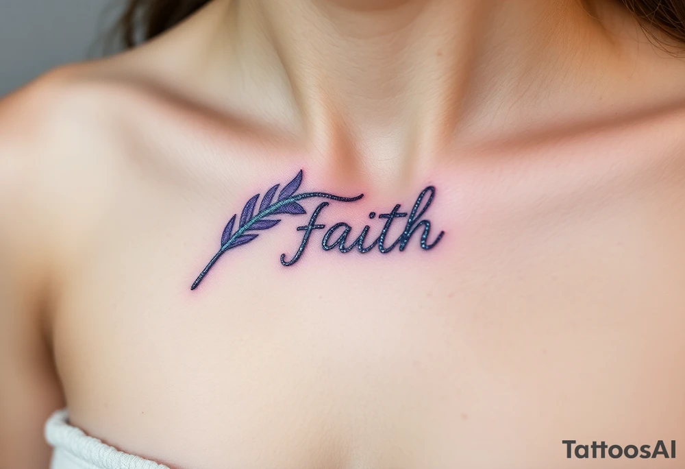 A lavender and silver feather with a subtle shimmer, carrying the word "Faith" tattoo idea