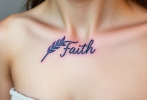 A lavender and silver feather with a subtle shimmer, carrying the word "Faith" tattoo idea