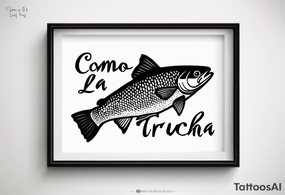 A small tattoo with a shaded trout and text that says, 'Como la trucha...' drawn with fine lines." tattoo idea