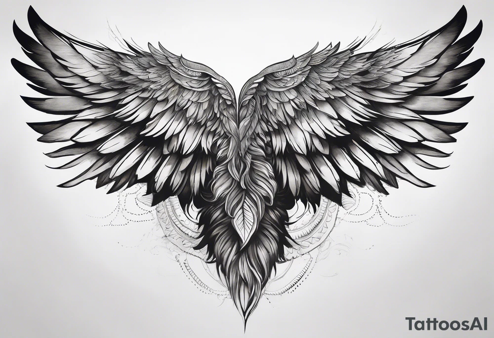 wings extending from the shoulders, covering the upper arms and upper back. The feathers are intricately detailed, with soft shading in black and gray to create depth and texture. The wings gently converge in the middle of the back, forming a harmonious and cohesive design. tattoo idea