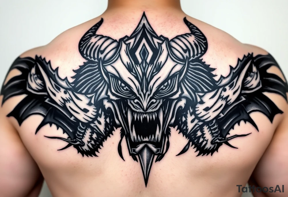 powerful majestic giant with a alien eyes and teeth like a sabertooth with horns like surrounded by vicious animals but not from earth and maybe needs some blood tattoo idea