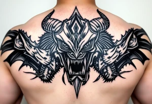 powerful majestic giant with a alien eyes and teeth like a sabertooth with horns like surrounded by vicious animals but not from earth and maybe needs some blood tattoo idea