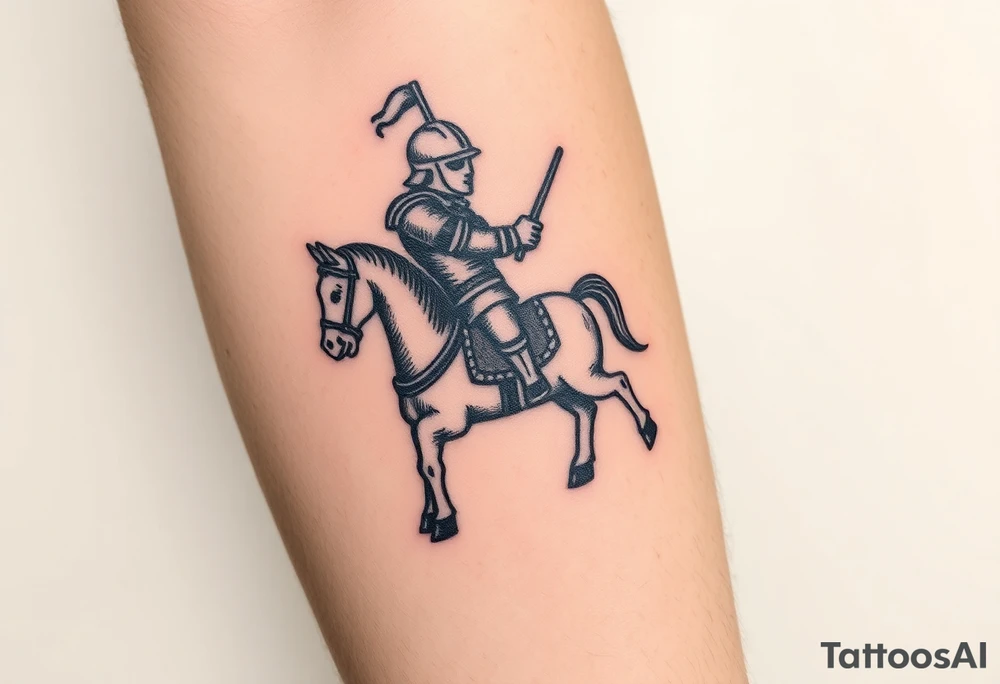 medieval woodcut knight on a childs hobby horse toy tattoo idea